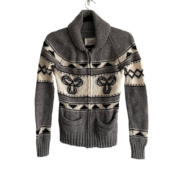 ARITZIA Tna Sea to Sky Wool Full Zip Front Cardigan Sweater Grey Cream S - Picture 1 of 4